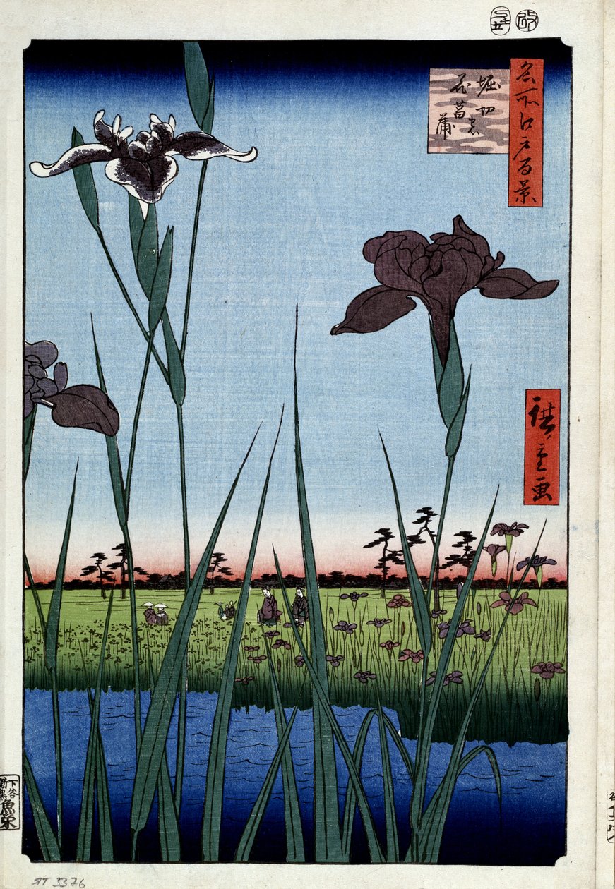""Hundra berömda vyer av Edo"" : ""iris till Horikiri" (Irises at Horikiri (Hundra Famous Views of Edo) Japanskt tryck av Utagawa Hiroshige (1797-1858) 1856-1858 St. Petersburg Hermitage Museum av Ando or Utagawa Hiroshige