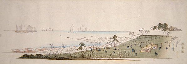 Cherry-Blossom Time, människor som picknickar på Gotenyama (träblock i färg) av Ando or Utagawa Hiroshige