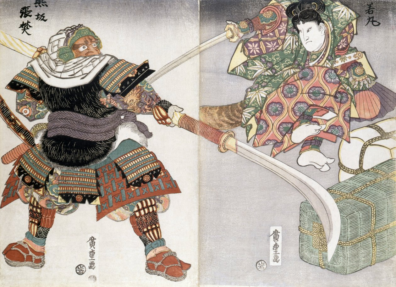 Diptyk över ett svärdslagsmål, 1800-talet av Ando or Utagawa Hiroshige