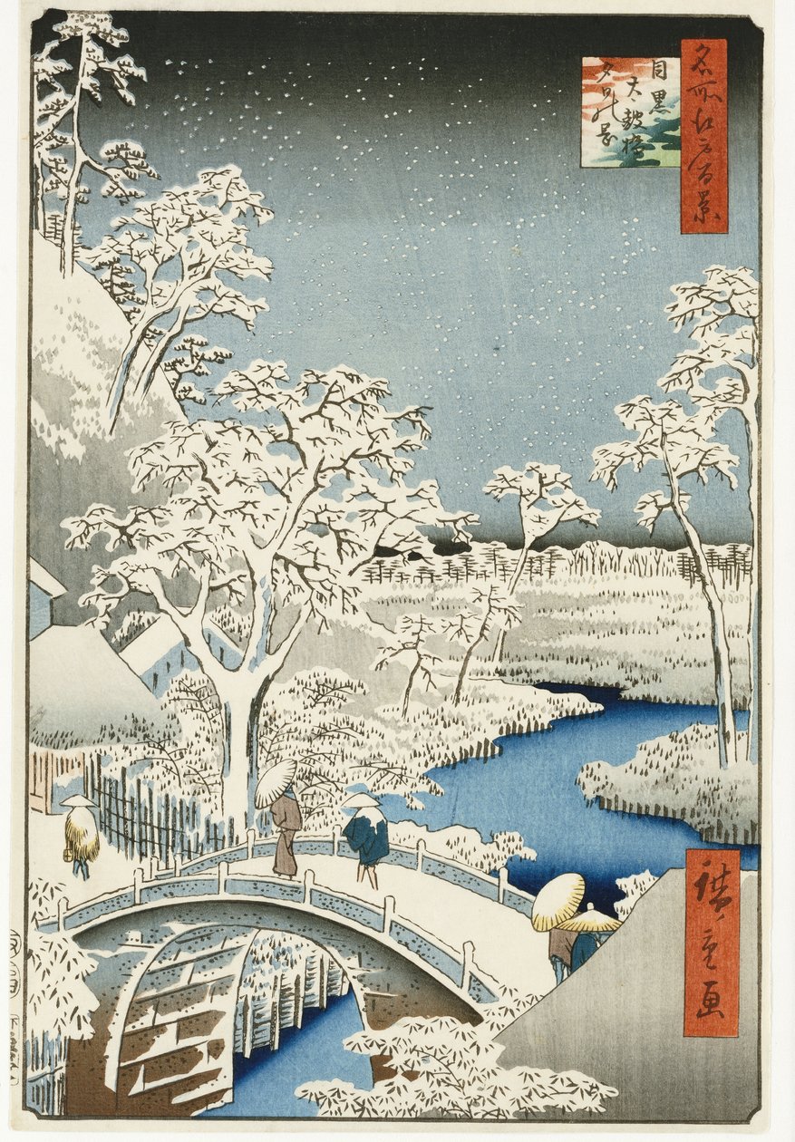 Drum Bridge och "Setting Sun" Hill, Meguro, från serien "One Hundred Views of Famous Places in Edo", publicerad c.1858 av Ando or Utagawa Hiroshige