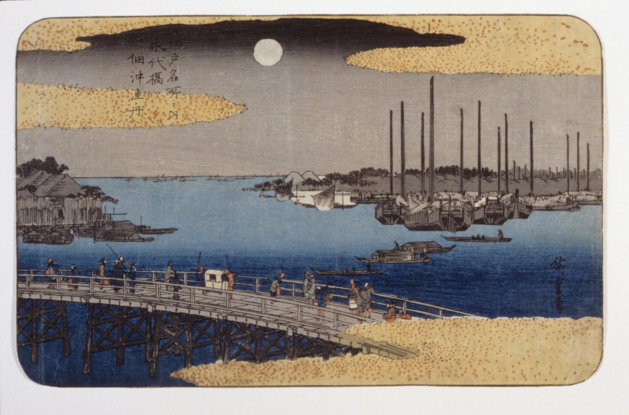 Eitai Bridge (träblock i färg) av Ando or Utagawa Hiroshige
