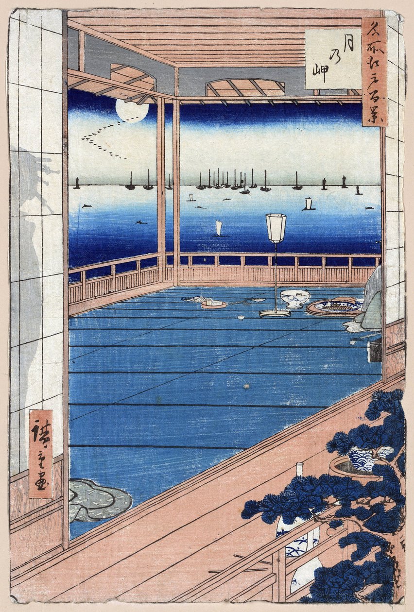 Japanskt tryck: Moonlight. Serie hundra berömda vyer av Edo. (Månsken. Hundra berömda vyer av Edo). Verk av Utagawa Hiroshige (1797-1858), träsnitt av Ando or Utagawa Hiroshige