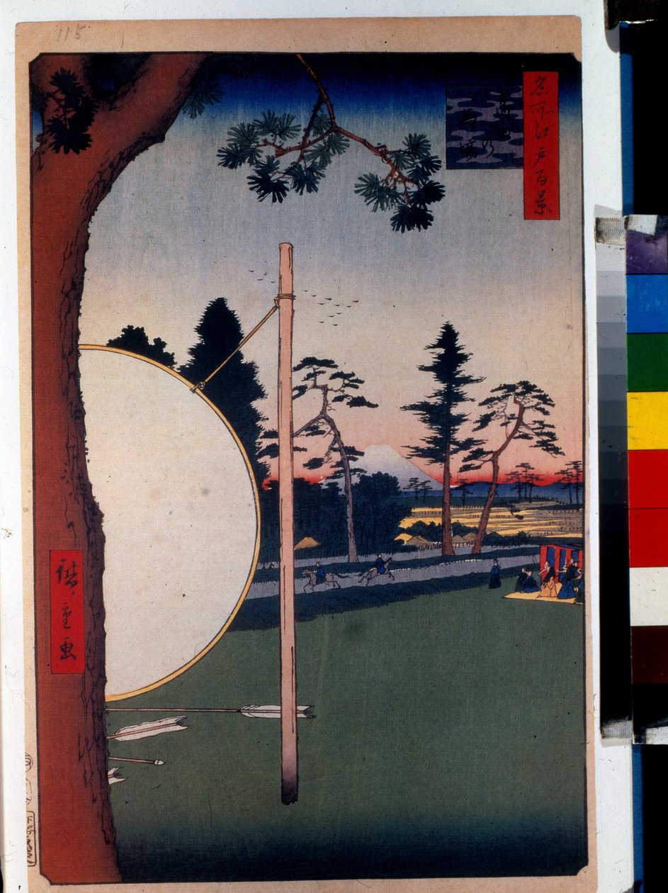 Japanskt tryck: Hästkapplöpningsbanan i Takata (Tokyo, Japan). Serie hundra berömda vyer av Edo. (Hästbanan vid Takata, Hundra berömda vyer över Edo). Verk av Utagawa Hiroshige (1797-1858), träsnitt (39x26 cm) av Ando or Utagawa Hiroshige