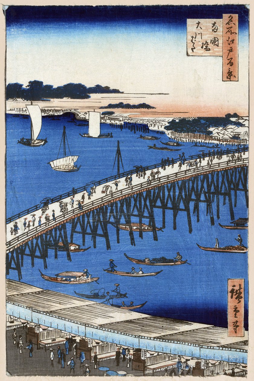 Japanskt träklosstryck: Flodens strand vid Ryogoku-bron (Tokyo, Japan). Serie hundra berömda vyer av Edo. (Flodstranden vid Ryogoku-bron. Hundra berömda utsikter över Edo). Verk av Utagawa Hiroshige (1797-1858), träsnitt av Ando or Utagawa Hiroshige