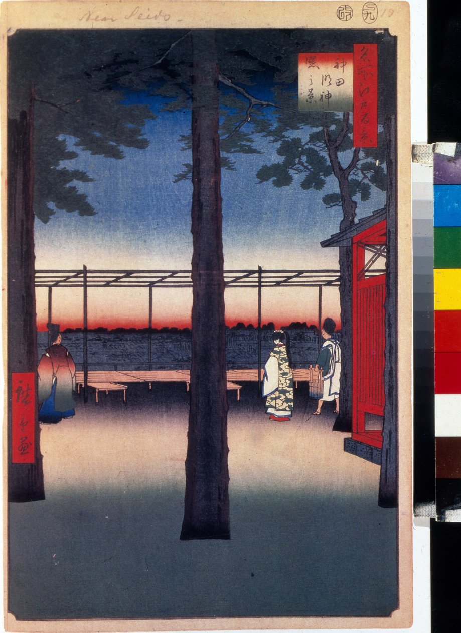 Japanskt träklosstryck: gryning vid Kanda Myojin-templet (Tokyo, Japan). Serie hundra berömda vyer av Edo. (Gryning vid Kanda Myojin-helgedomen, hundra berömda vyer av Edo). Verk av Utagawa Hiroshige (1797-1858), träsnitt (39x26 cm) av Ando or Utagawa Hiroshige