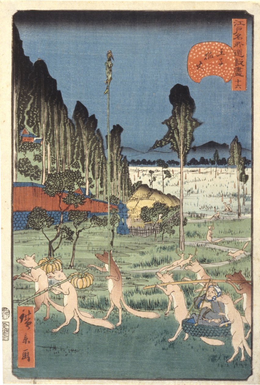 Fox-Fire At ?ji (34) (?ji Kitsunebi, 34) (trätryck i färg) av Ando or Utagawa Hiroshige