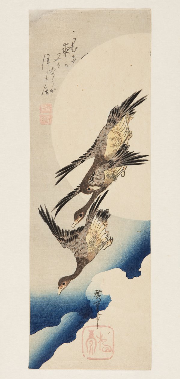 Gäss som flyger över fullmåne (träblock i färg) av Ando or Utagawa Hiroshige