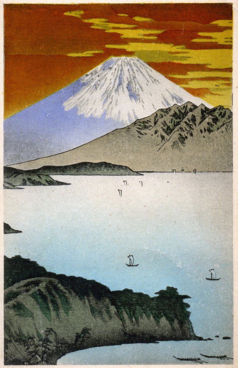 Geografi. Japan. Soluppgång på berget Fuji. Träsnitt av Hiroshige i: Fifty Three Stations of the Tokaido (1833-1834). Vykort, Japan, ca 1900 (vykort) av Ando or Utagawa Hiroshige