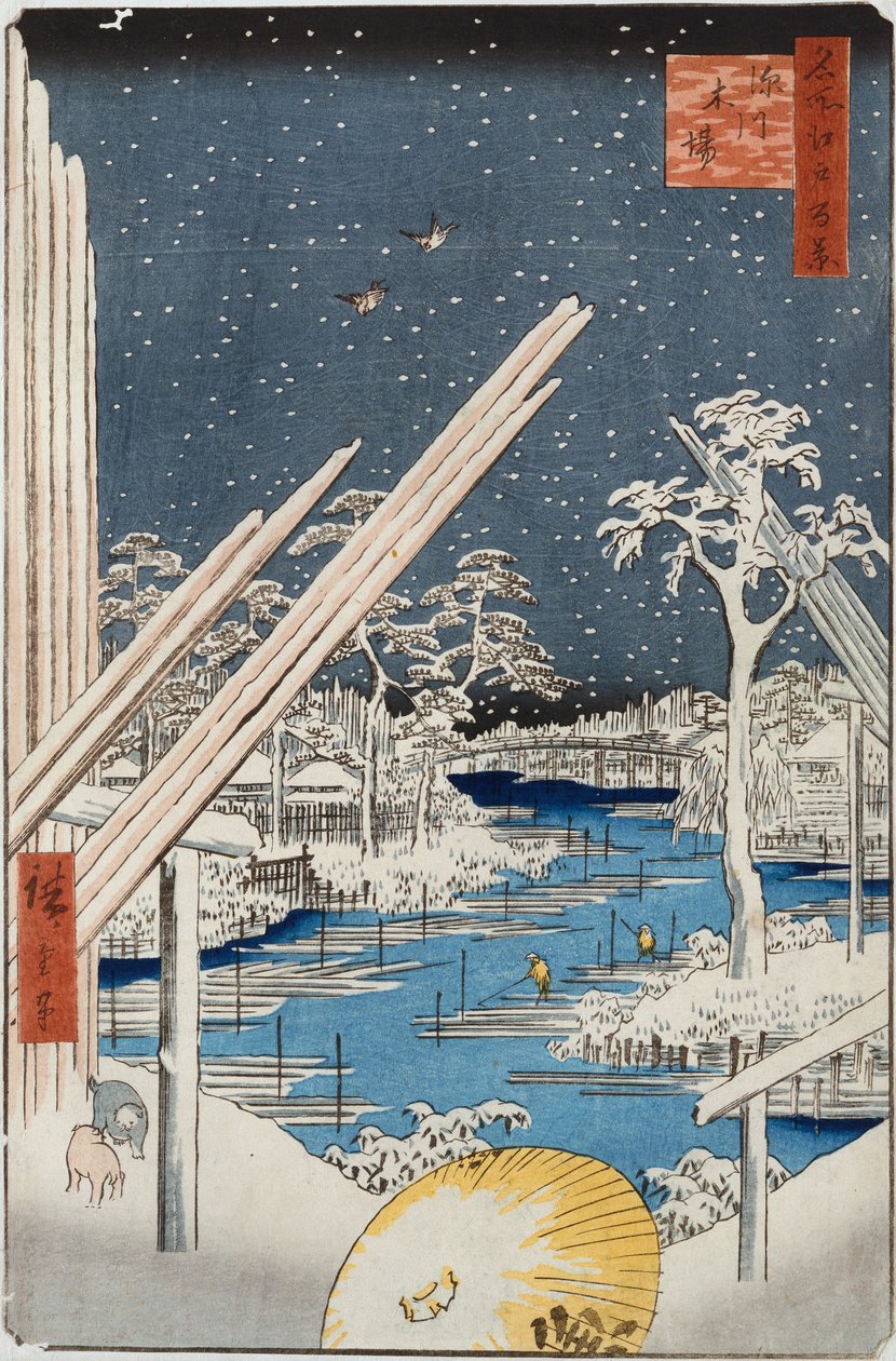Lumberyards At Fukagawa, från serien "One Hundred Views Of Famous Places In Edo" av Ando or Utagawa Hiroshige