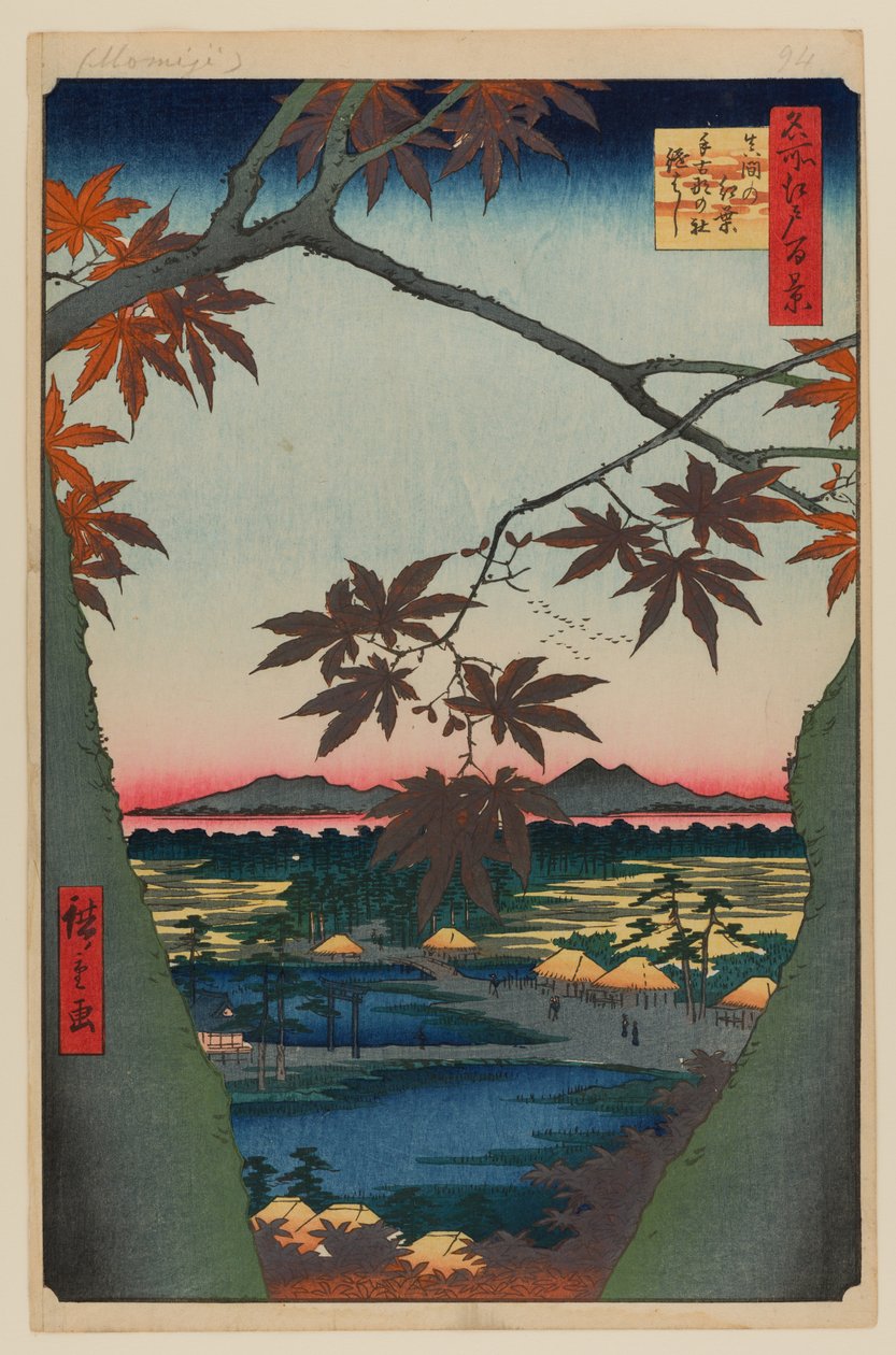 Lönnträd vid Mama, Tekona-helgedomen och Linked Bridge av Ando or Utagawa Hiroshige