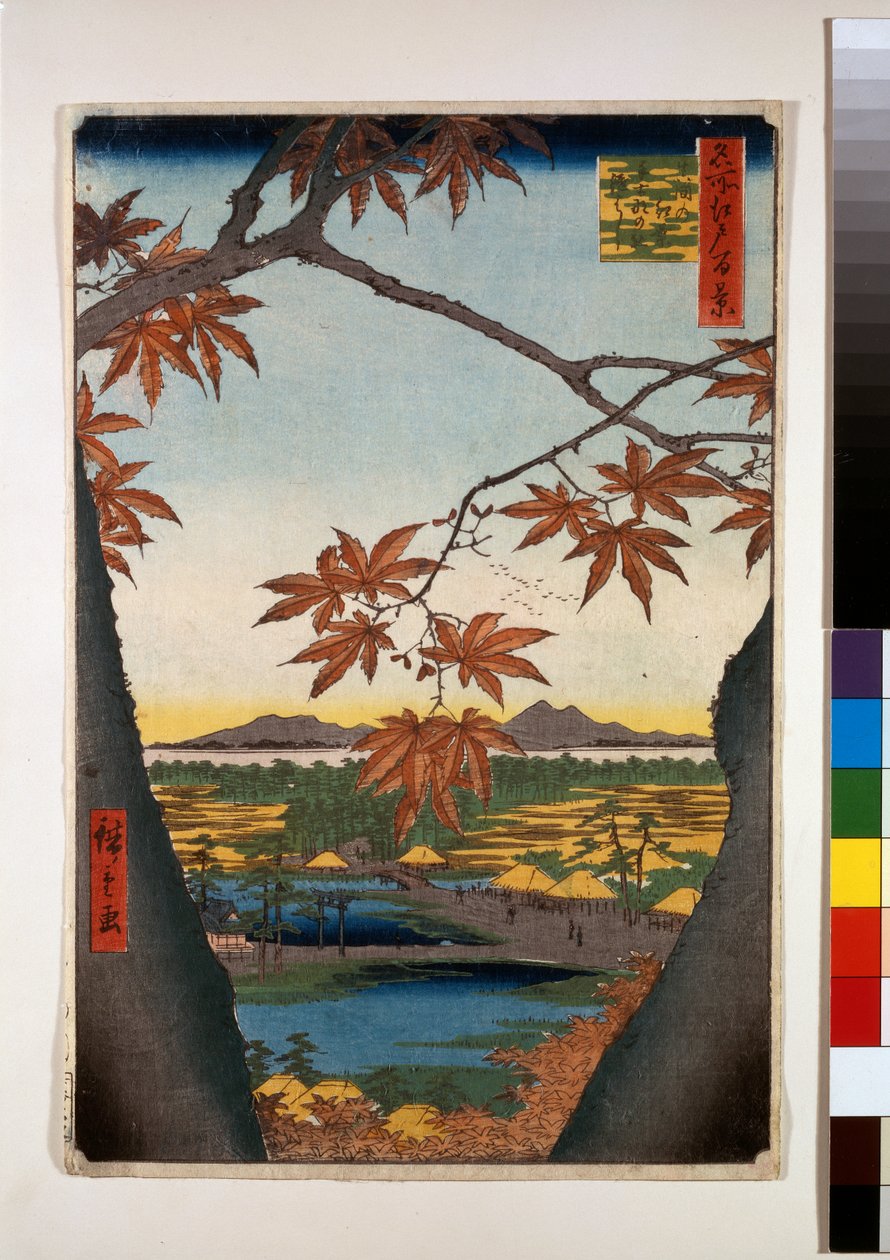 Lönnträd vid Mama, Tekona Shrine och Linked Bridge av Ando or Utagawa Hiroshige