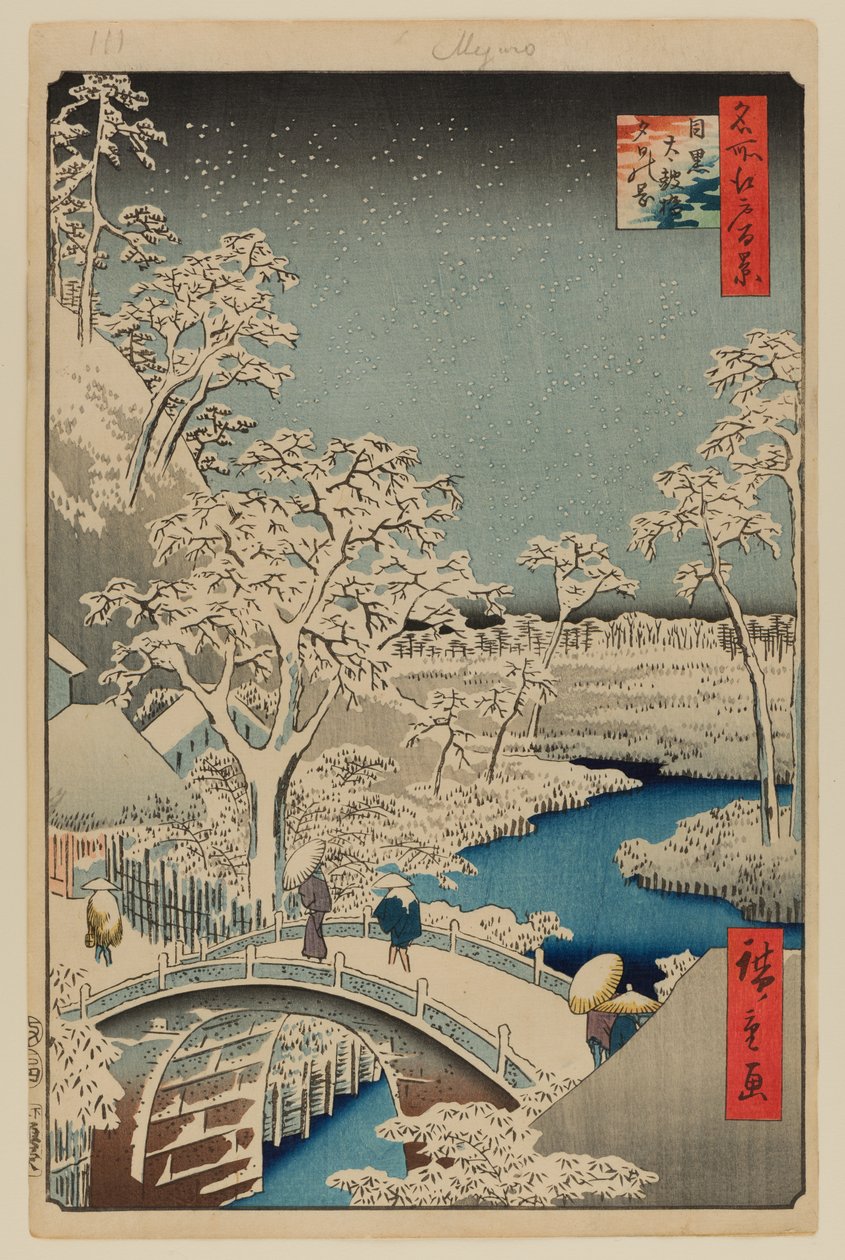 Meguro Drum Bridge och Sunset Hill av Ando or Utagawa Hiroshige
