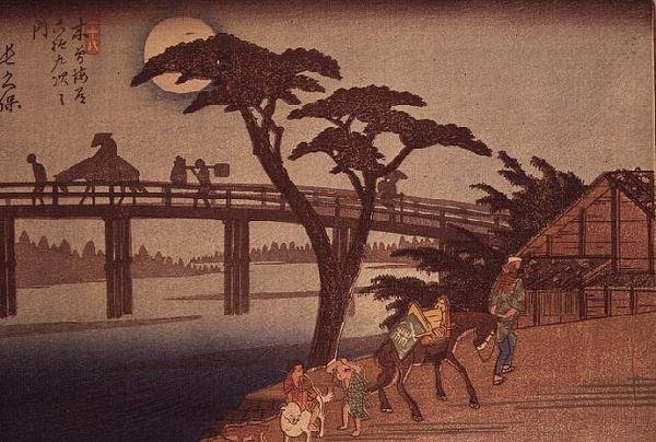 Månsken över Nagacubo, ca 1840 (yoko-e horisontellt format färg träblock tryck) av Ando or Utagawa Hiroshige