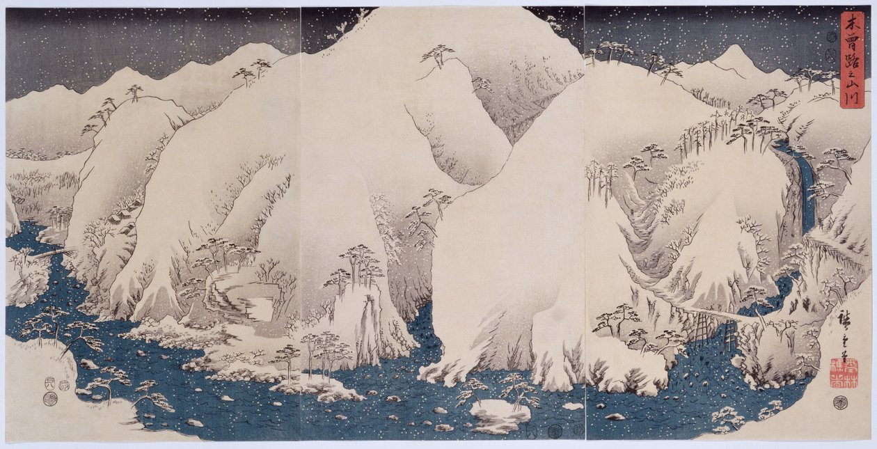 "Kisos berg och floder", 1857 av Ando or Utagawa Hiroshige