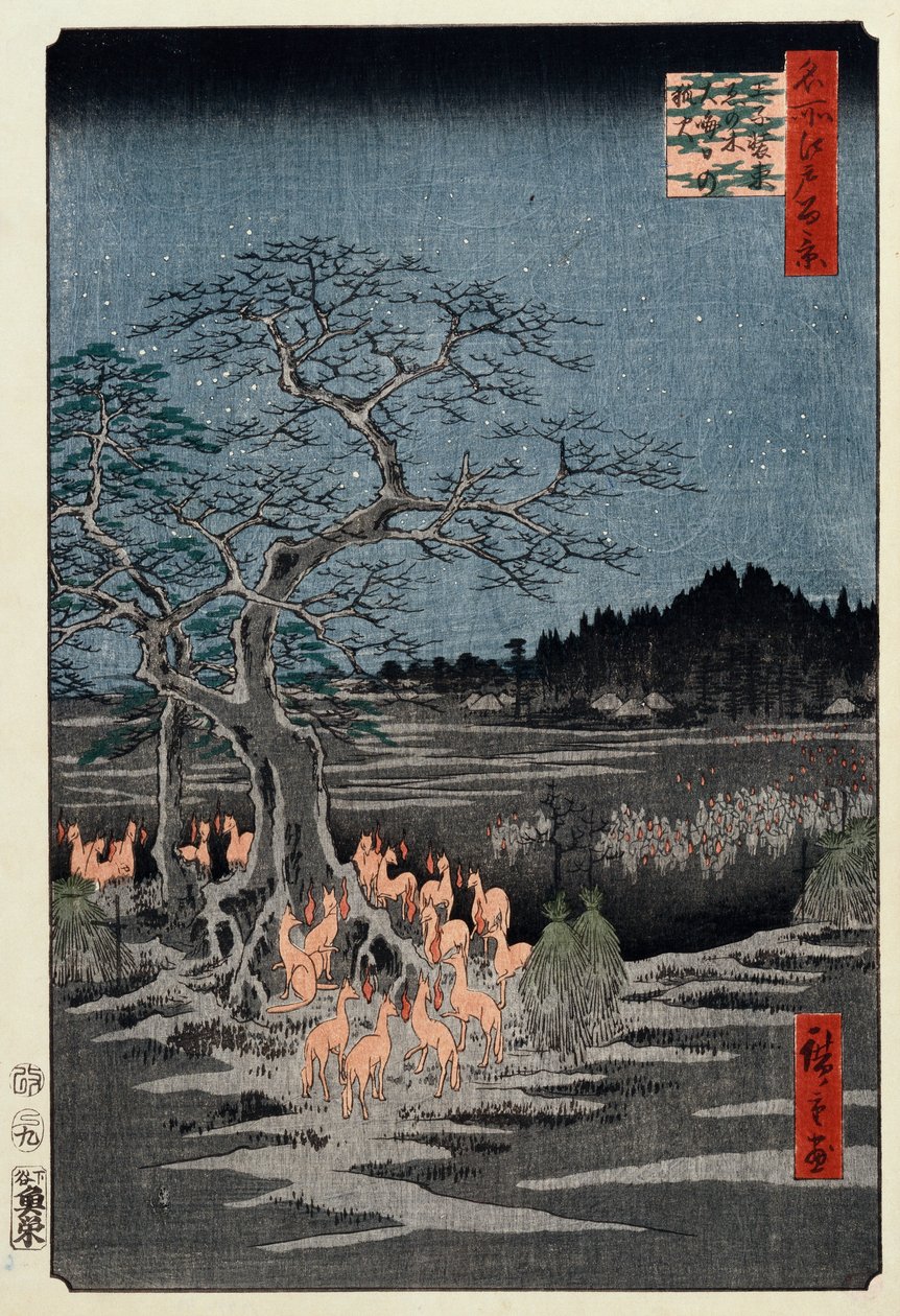 Nyårsafton räveldar vid nässlan, Oji, från serien, "One Hundred Famous Views of Edo av Ando or Utagawa Hiroshige