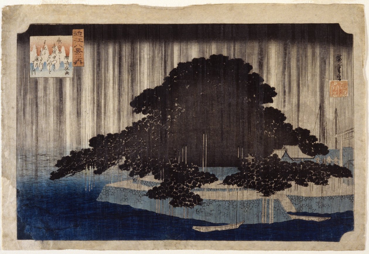 Night Rain At Karasaki (träblock i färg) av Ando or Utagawa Hiroshige
