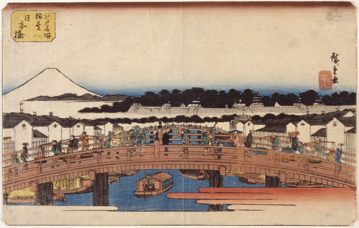 Nihonbashi (träblock i färg) av Ando or Utagawa Hiroshige