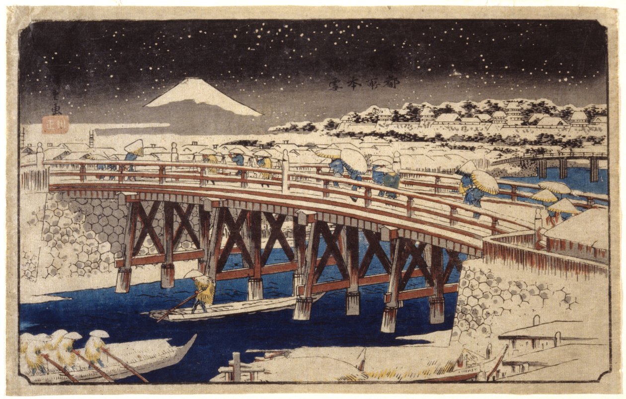 Nihonbashi In The Snow (trätryck i färg) av Ando or Utagawa Hiroshige