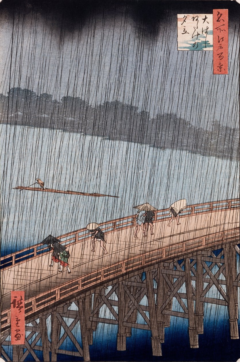 Ohashi, Sudden Shower at Atake, från serien "One Hundred Views of Famous Places in Edo" av Ando or Utagawa Hiroshige