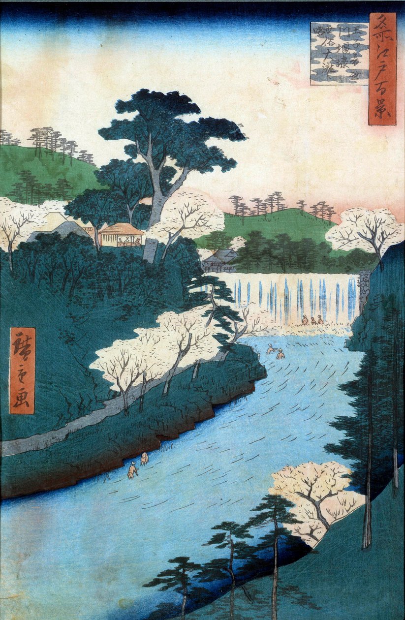 Hundra berömda vyer av Edo: fördämningen av floden Otonashioji. Japanskt tryck av Utagawa Hiroshige (1797-1858) 1800-talet. Privat samling. av Ando or Utagawa Hiroshige