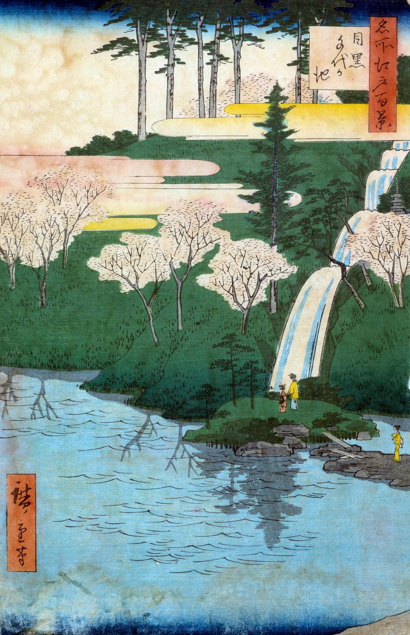Hundra berömda vyer av Edo; utsikt över Chiyo a Meguro damm. Japanskt tryck av Utagawa Hiroshige (1797-1858) 1800-talet. Privat samling av Ando or Utagawa Hiroshige