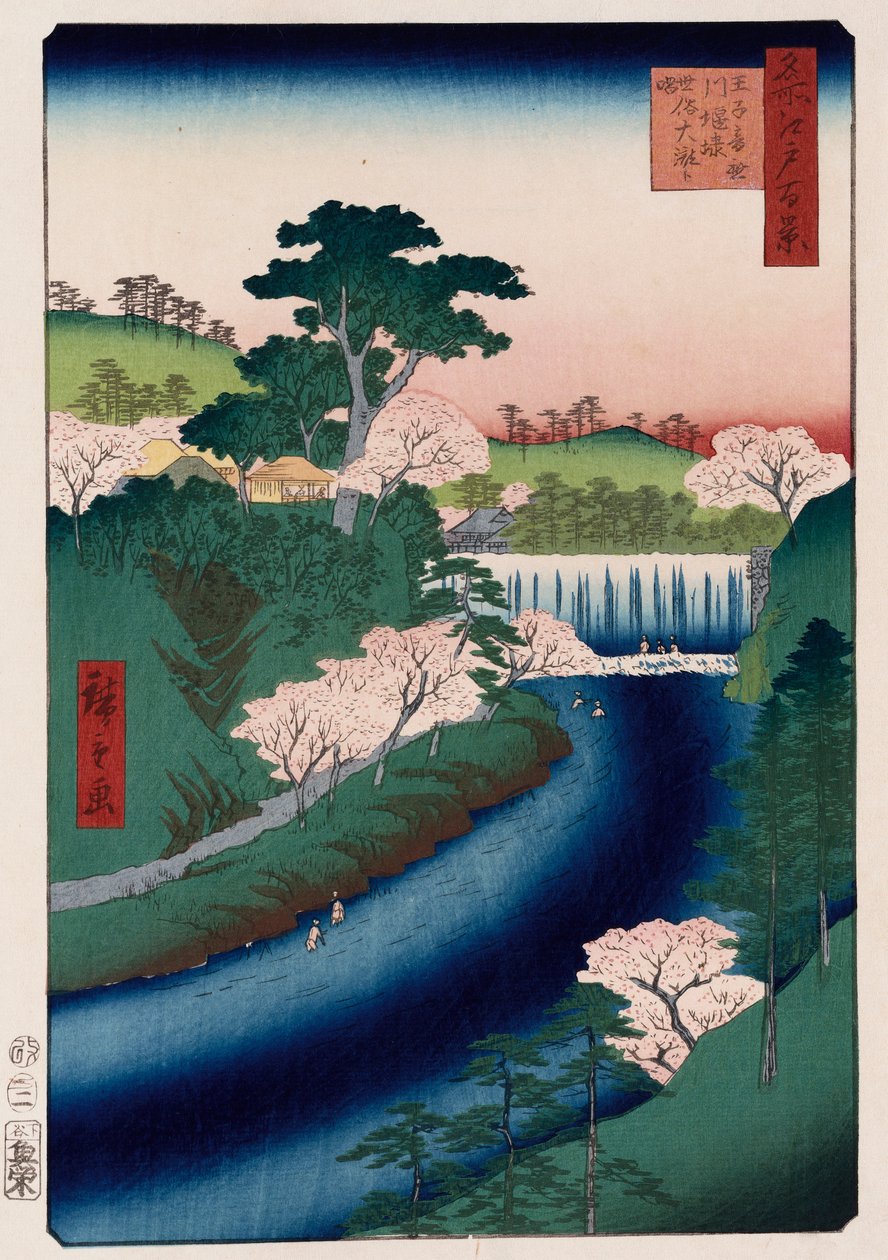 Otonashi River Dam, Oji, populärt kallad Great Waterfall, från serien "One Hundred Views of Famous Places in Edo" av Ando or Utagawa Hiroshige