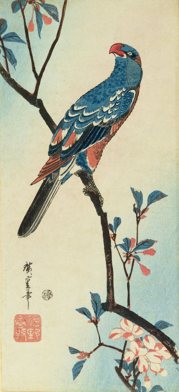 Papegoja på en gren (träblockstryck) av Ando or Utagawa Hiroshige
