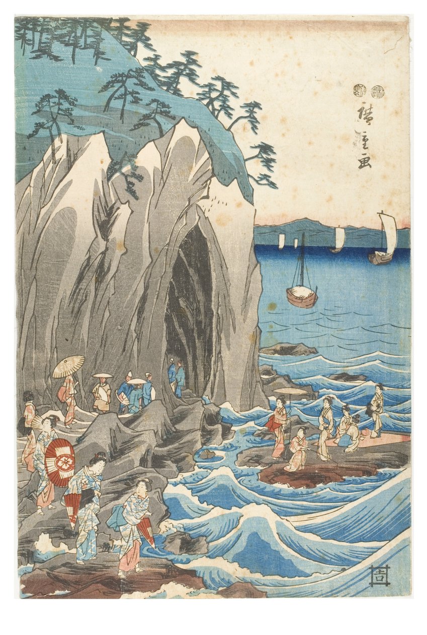 Pilgrimsfärd till utställningen av Benzaiten-statyn i Iwayas huvudhelgedom vid Enoshima i provinsen Sagami, ca 1847-1852 (träblocktryck på papper) av Ando or Utagawa Hiroshige