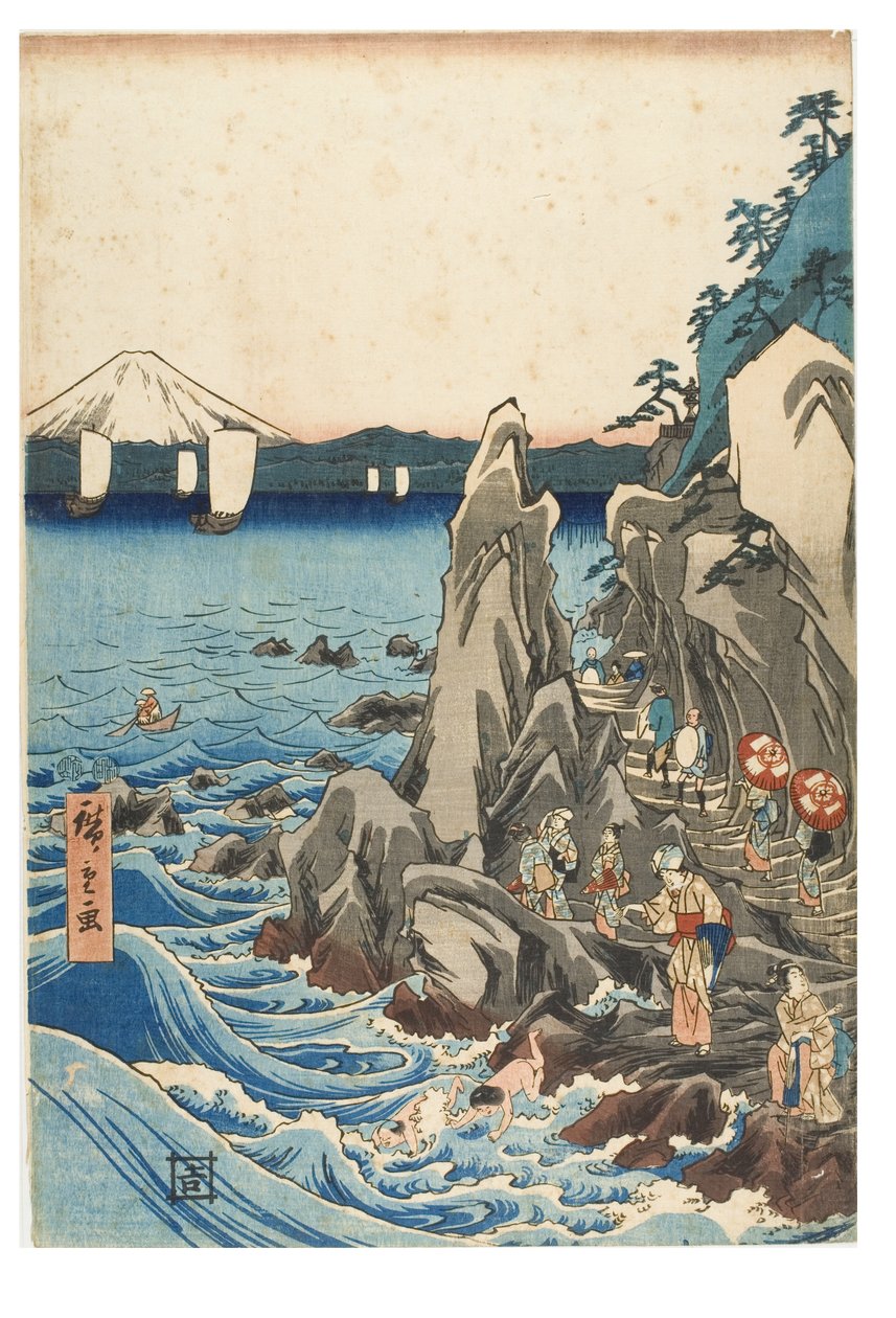 Pilgrimsfärd till utställningen av Benzaiten-statyn i Iwayas huvudhelgedom i Enoshima i provinsen Sagami, ca 1847-1852 (träblocktryck på papper) av Ando or Utagawa Hiroshige