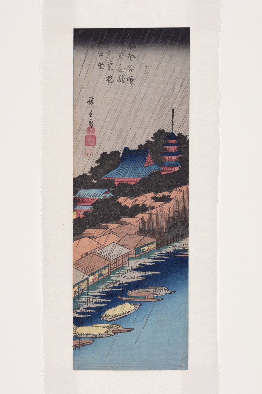 Regn vid Azuma Bridge nedanför Kinry? Natttemplet i Asakusa (träblock i färg) av Ando or Utagawa Hiroshige