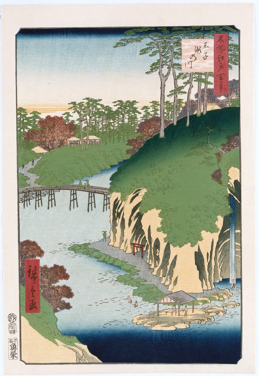 River of Waterfalls, Oji, från serien "One Hundred Views of Famous Places in Edo" av Ando or Utagawa Hiroshige