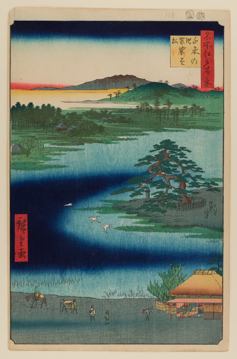 Robe-hängande tall, Senzoku-dammen av Ando or Utagawa Hiroshige