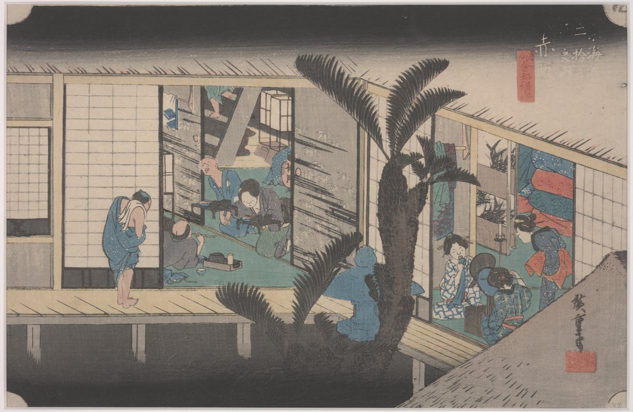 Scen på ett värdshus av Ando or Utagawa Hiroshige