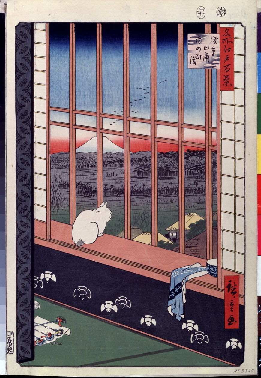 Serien ""De hundra berömda utsikterna över Edo"": ""Risfälten i Asakusa under tuppfestivalen, en katt som sitter på fönsterbrädan"" (En katt som sitter på fönstersätet) Tryck av Utagawa Hiroshige (1797-1858) ) 1800-tals Pushkin-museet Moskva av Ando or Utagawa Hiroshige