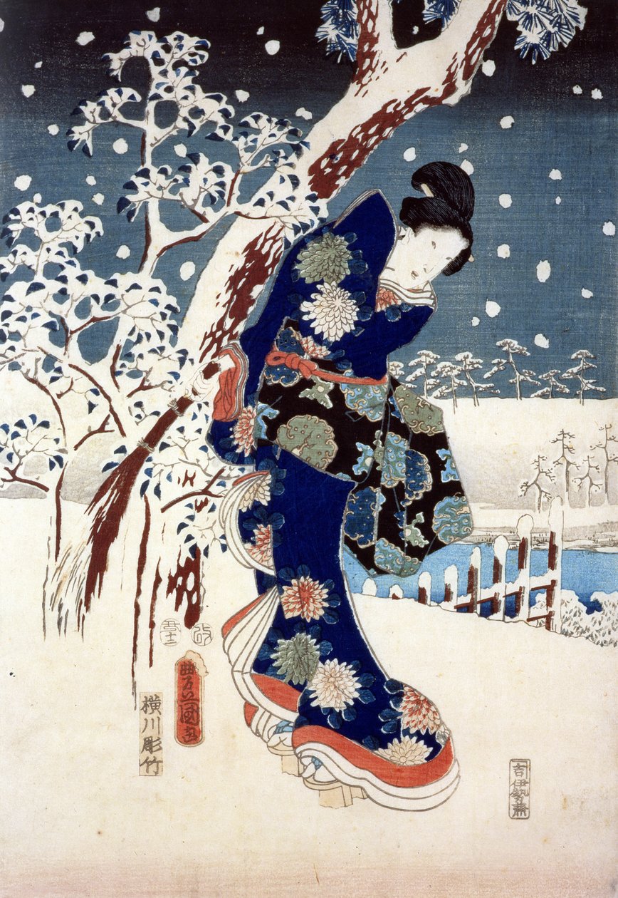 Snow Scene in the Garden of a Daimyo, en del av Triptych (silkscreen) av Ando or Utagawa Hiroshige