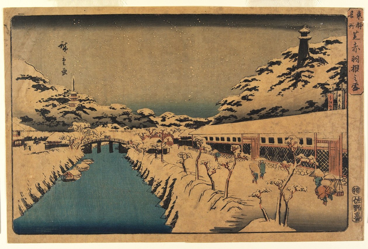 Snö vid Akabane Bridge i Shiba, 1844-45 av Ando or Utagawa Hiroshige