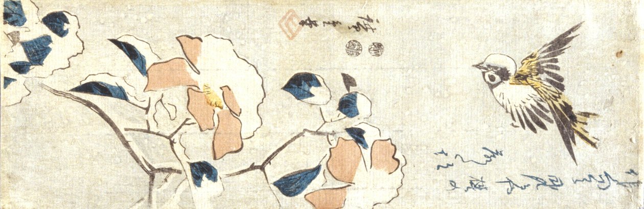 Sparrow And Snow-Laden Camelia (träblockstryck i färg) av Ando or Utagawa Hiroshige