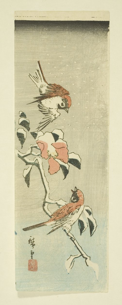 Sparvar och kamelia i snö (träblock i färg) av Ando or Utagawa Hiroshige