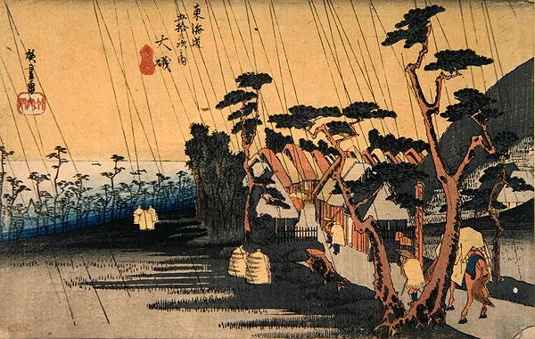 Plötslig skur, Oiso, från serien "Fifty-three Stations of the Tokaido Highway", ca 1833-34 (färgsnitt) av Ando or Utagawa Hiroshige