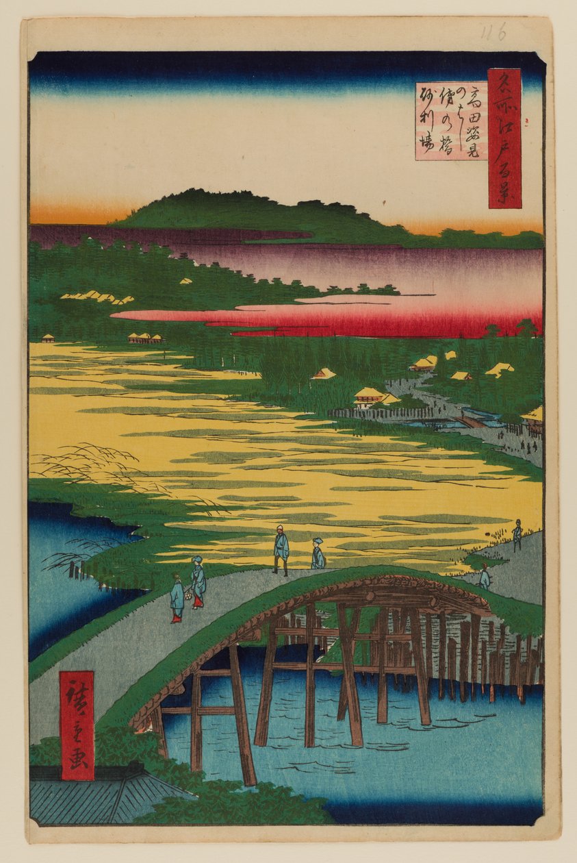 Sugatami Bridge, Omokage Bridge och Jariba vid Takata av Ando or Utagawa Hiroshige