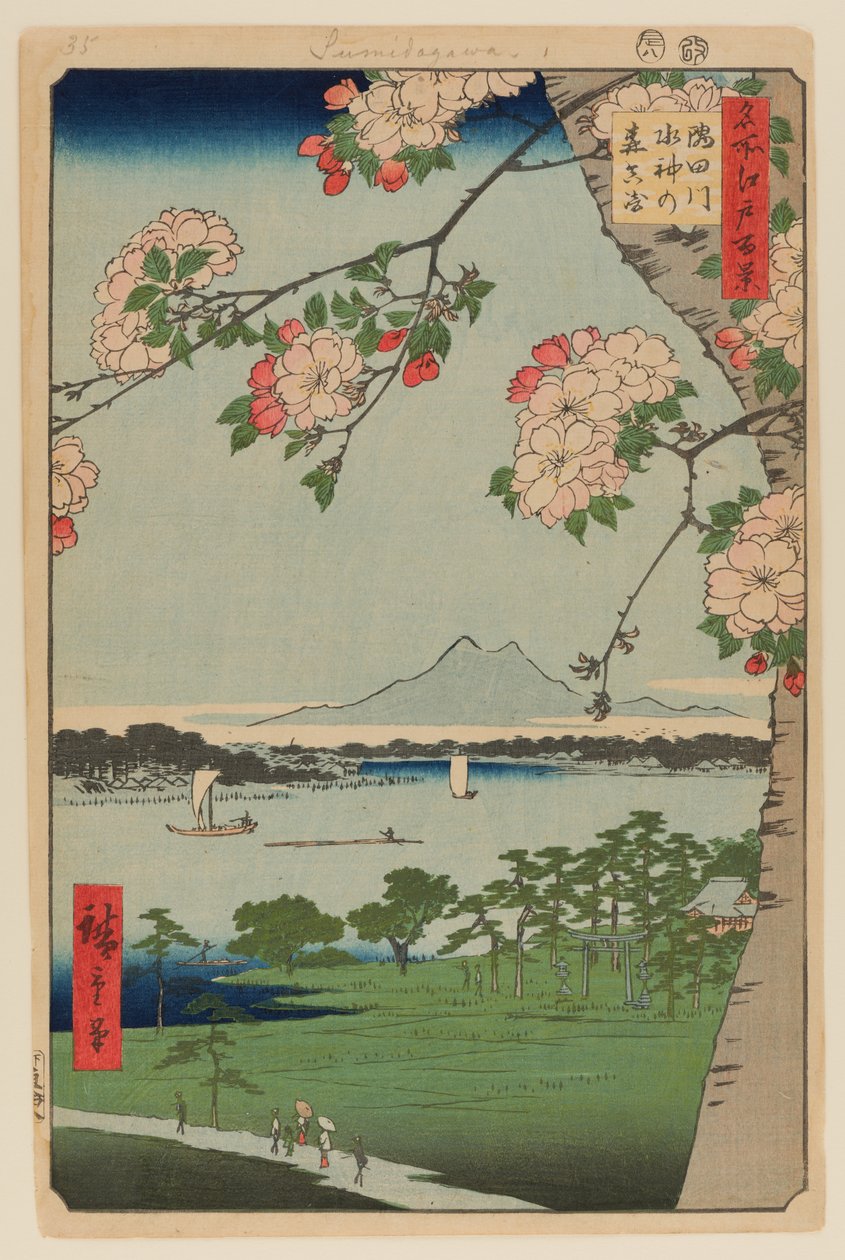 Suijin-helgedomen och Massaki vid Sumida-floden (Sumidagawa Suijin no Mori Massaki) av Ando or Utagawa Hiroshige
