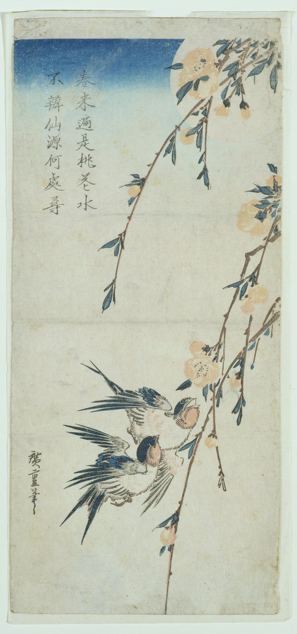 Svalor och persikablommor i månsken (träblockstryck) av Ando or Utagawa Hiroshige