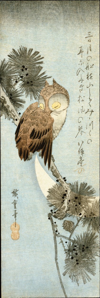 Månen och ugglan uppflugen på tallgrenar av Ando or Utagawa Hiroshige