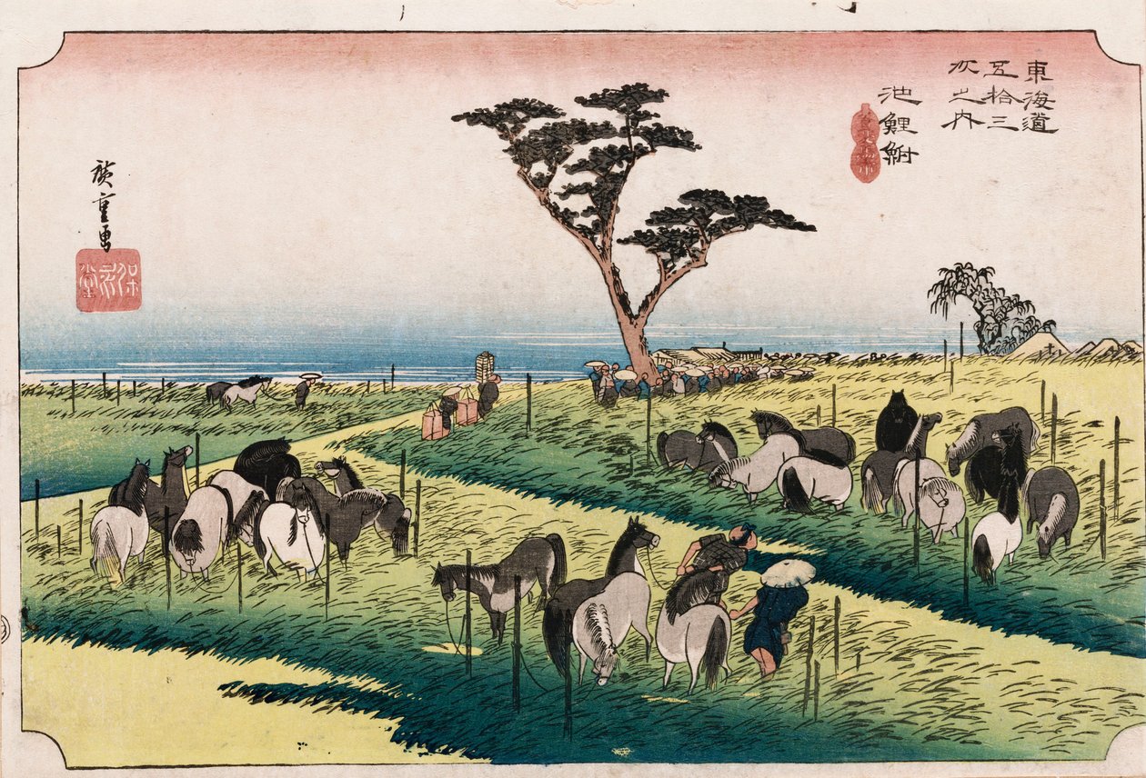 Hästmarknaden i den fjärde månaden i Chiryu, från serien "The Fifty-Three Stations of The Tokaido", c.1834 av Ando or Utagawa Hiroshige