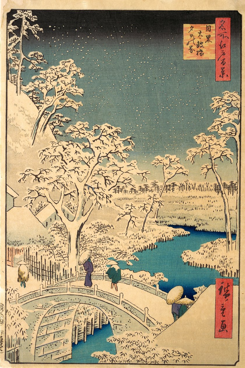 Taiko-bron och Yuhi-högen vid Meguro, från The Hundred Famous Views of Edo, pub.1857 av Ando or Utagawa Hiroshige