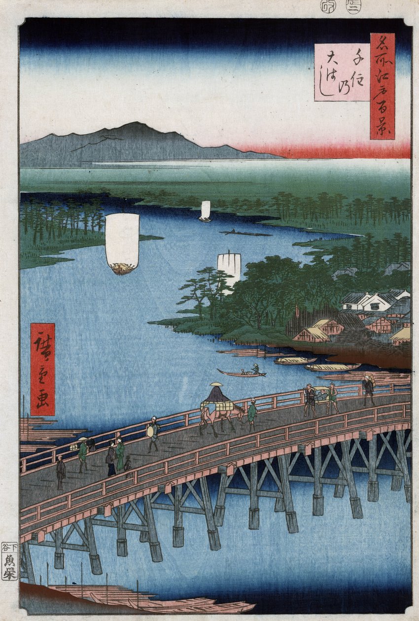Senjus stora bron som korsar Sumidafloden, med berg i bakgrunden, träsnitt av Ando Hiroshige av Ando or Utagawa Hiroshige