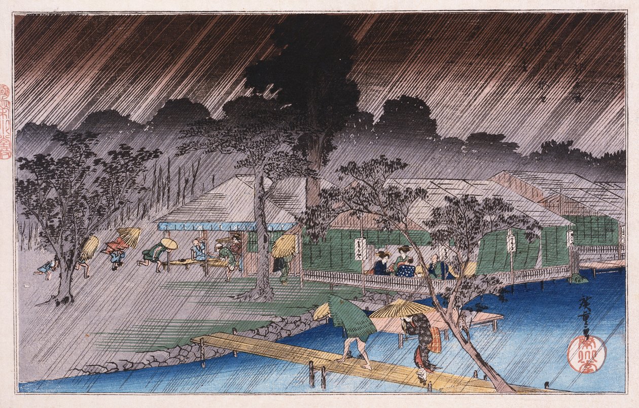 Twilight Shower at Tadasu Bank", från serien "Famous Places of Kyoto" Ando Hiroshige av Ando or Utagawa Hiroshige