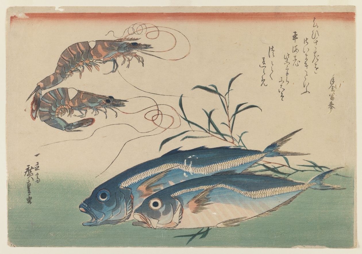 Två räkor med två hästmakrillar, ca 1832-33 (träblock i färg på papper) av Ando or Utagawa Hiroshige