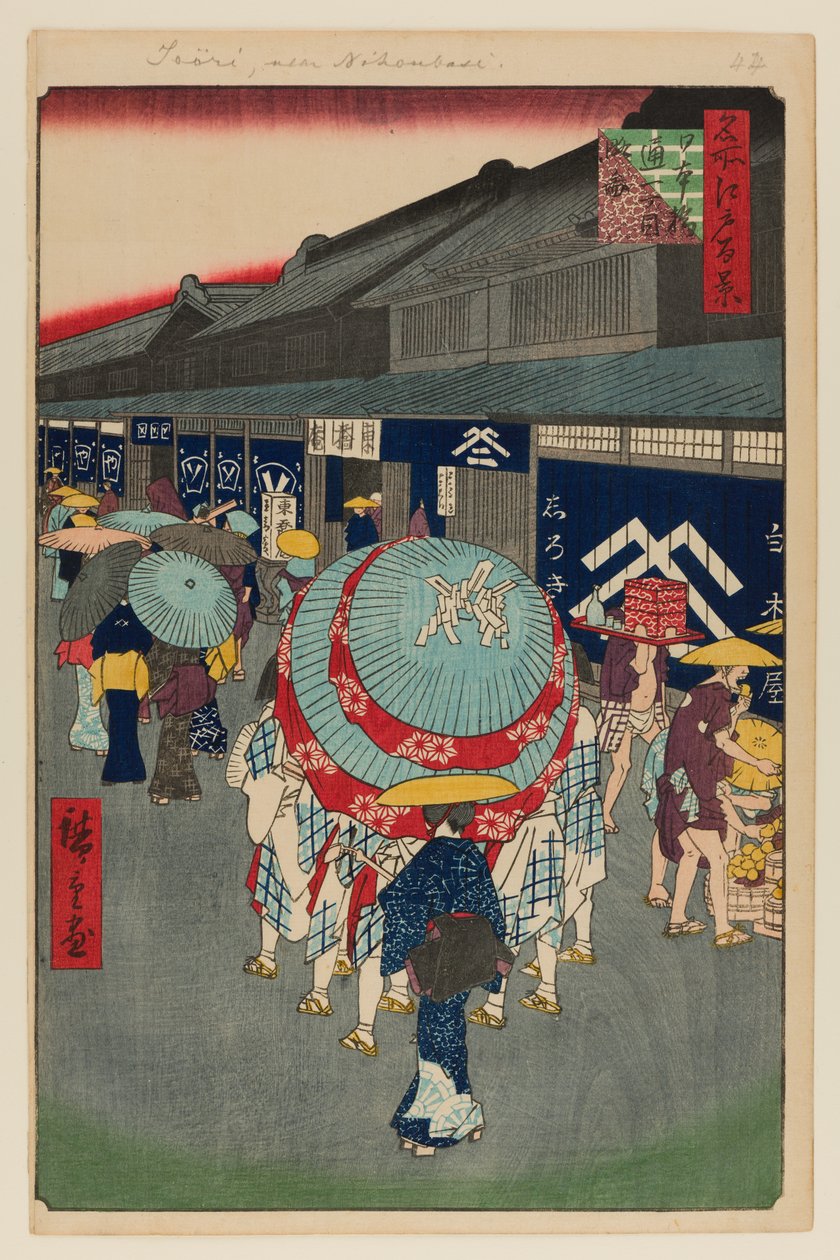 Utsikt över Nihonbashi Tori-itchome (Nihonbashi Tori-itchome Ryakuzu) av Ando or Utagawa Hiroshige