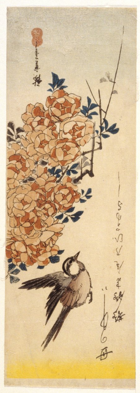 Vipstjärt och rosor (trätryck i färg) av Ando or Utagawa Hiroshige